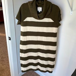 Pink Rose Olive Green Stripes Sweater Dress - 1X